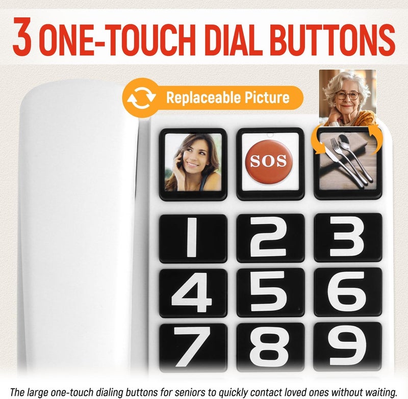 Uvital Large Button Phones for Seniors, White Corded Landline Phone with 3 One-Touch Dialing Big Buttons, Hands-Free, Loud Ringer, Adjustable Volume, Easy for Visually Impaired Telephone for Seniors - Image 2